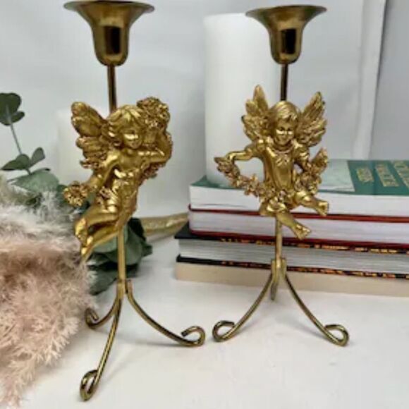 VTG,Metal And Resin Cherub Charming Gold Angel Taper Candle Holder Wall Hooks - Picture 9 of 9